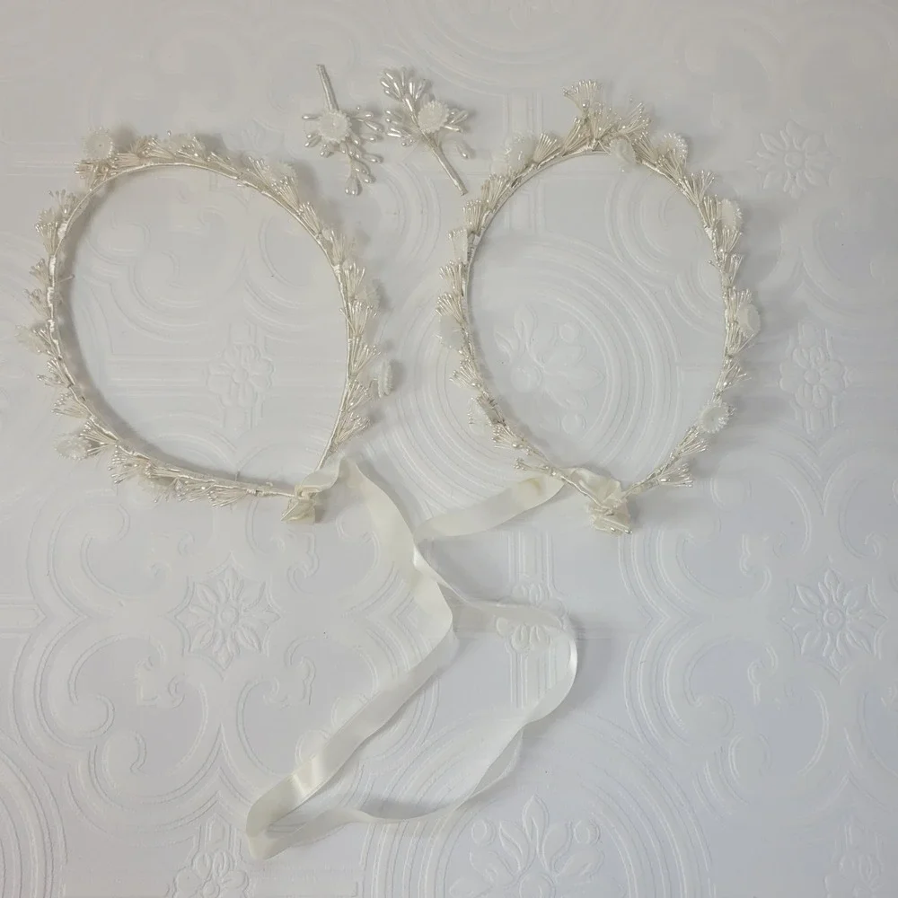 Vintage Greek Stefana Wedding Crowns Ivory Pearls Floral 1980's‎ Orthodox